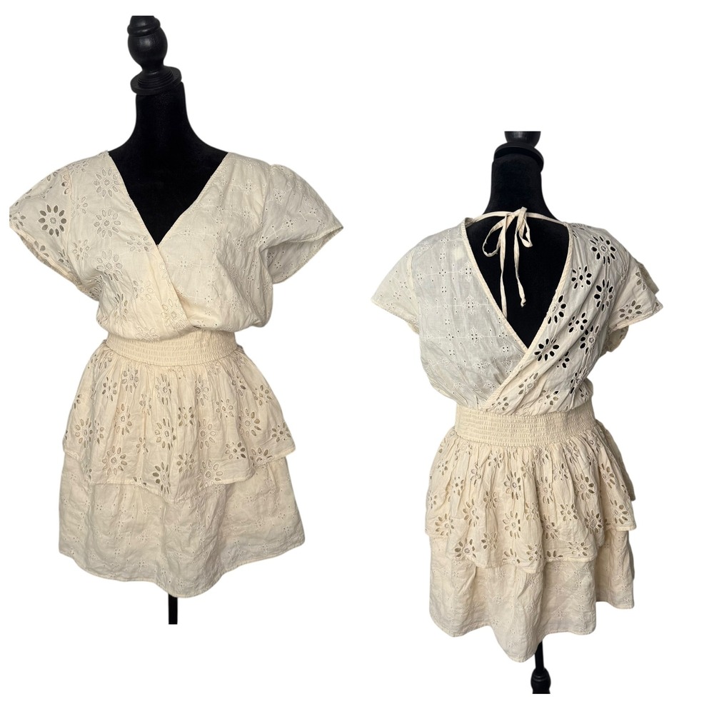 AE Cottagecore BOHO Eyelet Lace Ruffle Tiered Smocked Wrap Mini‎ Dress Size M